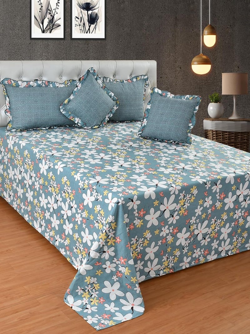 MORADO 5Pcs Bedding Set Frill Glace Cotton 210 TC Double Bed Size Bedsheet with 2 Pillow Covers and 2 Filled Cushions 108x108 Inches Grey - Image 1