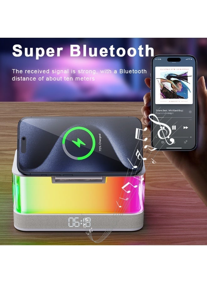 دومرز‌ محطة شحن لاسلكية من Domars مزودة بمكبر صوت Bluetooth 5.3 وأنماط إضاءة متعددة وشاشة عرض للوقت وشاحن لاسلكي متوافق مع هواتف iPhone وAndroid (لون أبيض) - Image 3