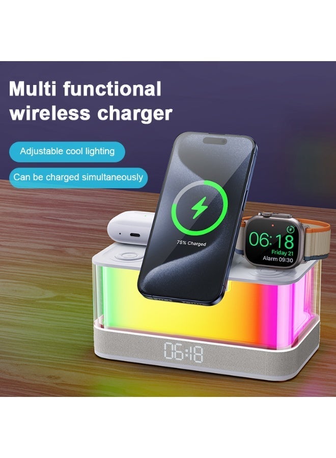 دومرز‌ محطة شحن لاسلكية من Domars مزودة بمكبر صوت Bluetooth 5.3 وأنماط إضاءة متعددة وشاشة عرض للوقت وشاحن لاسلكي متوافق مع هواتف iPhone وAndroid (لون أبيض) - Image 2