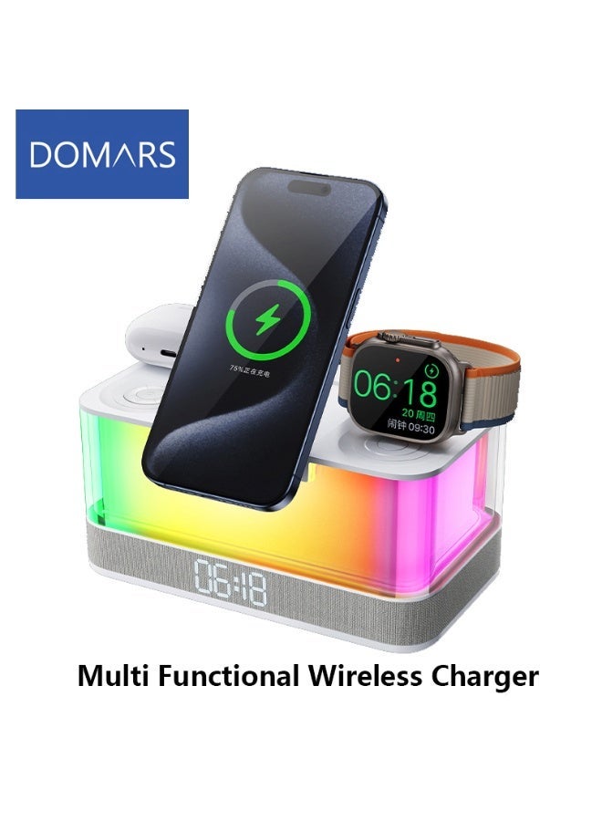 دومرز‌ محطة شحن لاسلكية من Domars مزودة بمكبر صوت Bluetooth 5.3 وأنماط إضاءة متعددة وشاشة عرض للوقت وشاحن لاسلكي متوافق مع هواتف iPhone وAndroid (لون أبيض) - Image 1