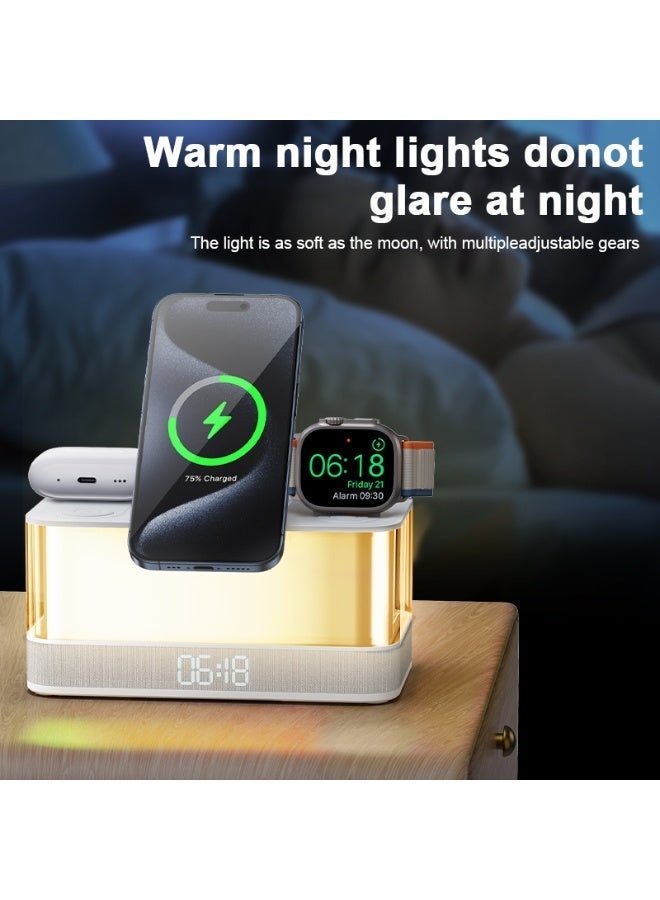 دومرز‌ محطة شحن لاسلكية من Domars مزودة بمكبر صوت Bluetooth 5.3 وأنماط إضاءة متعددة وشاشة عرض للوقت وشاحن لاسلكي متوافق مع هواتف iPhone وAndroid (لون أبيض) - Image 5