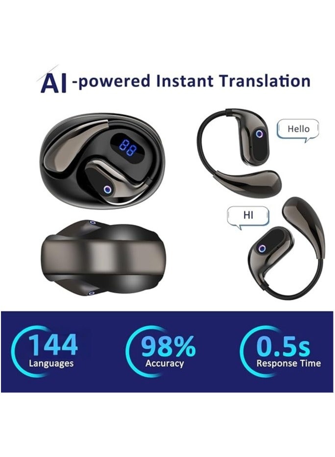 Real-Time AI Translator Earbuds 144 Languages Wireless Bluetooth, Open Ear Design with 25H Playtime with APP for Travel/Business/Learning, iOS Android Compatible - Black - Image 2