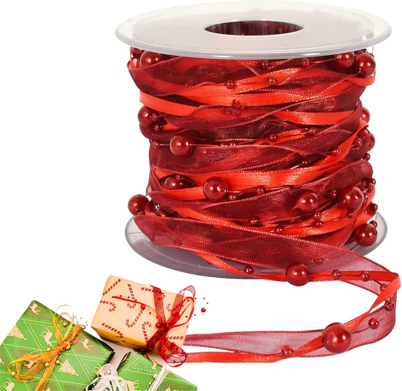 Zikra 11 Yards Red Beads Chain Ribbon Artificial Pearls String Beads Sheer Chiffon Satin 3 Strings Style for Garland Wedding Party Crafts Decoration Gift Wrapping Valentine's Day Bouquet Packaging - Image 1
