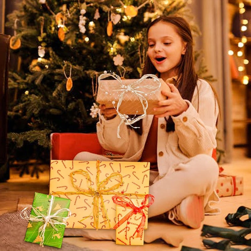 Zikra 11 Yards Red Beads Chain Ribbon Artificial Pearls String Beads Sheer Chiffon Satin 3 Strings Style for Garland Wedding Party Crafts Decoration Gift Wrapping Valentine's Day Bouquet Packaging - Image 3