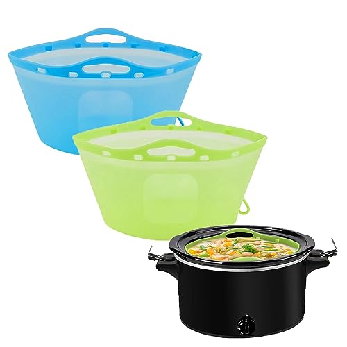 Ycgcp 2pcs Silicone Slow Cooker Liners Foldable Slow Cooker Liners for 678 Quarts Reusable CrockPot Liners with Buttons and Hooks for Oval or Round Pot Leakproof Easy Clean GreenBlue - Image 1