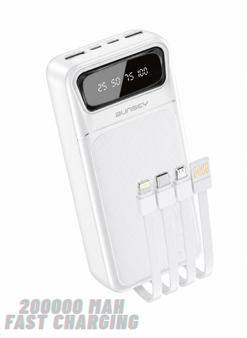 Bunsey Powerbank 20000mAh 22.5W Fast Charging with Built-in Type-C & Lightning Cables, LCD Battery Status Display, Power On Button, 2 USB Port + 2 PD Ports Total  (7 Outputs, 2 Input) – Compatible with iPhone 17/16/15/14/13/12, Samsung S26/S25/S24/S23/S22, Xiaomi, Oppo, Vivo, Huawei  – White - Image 1