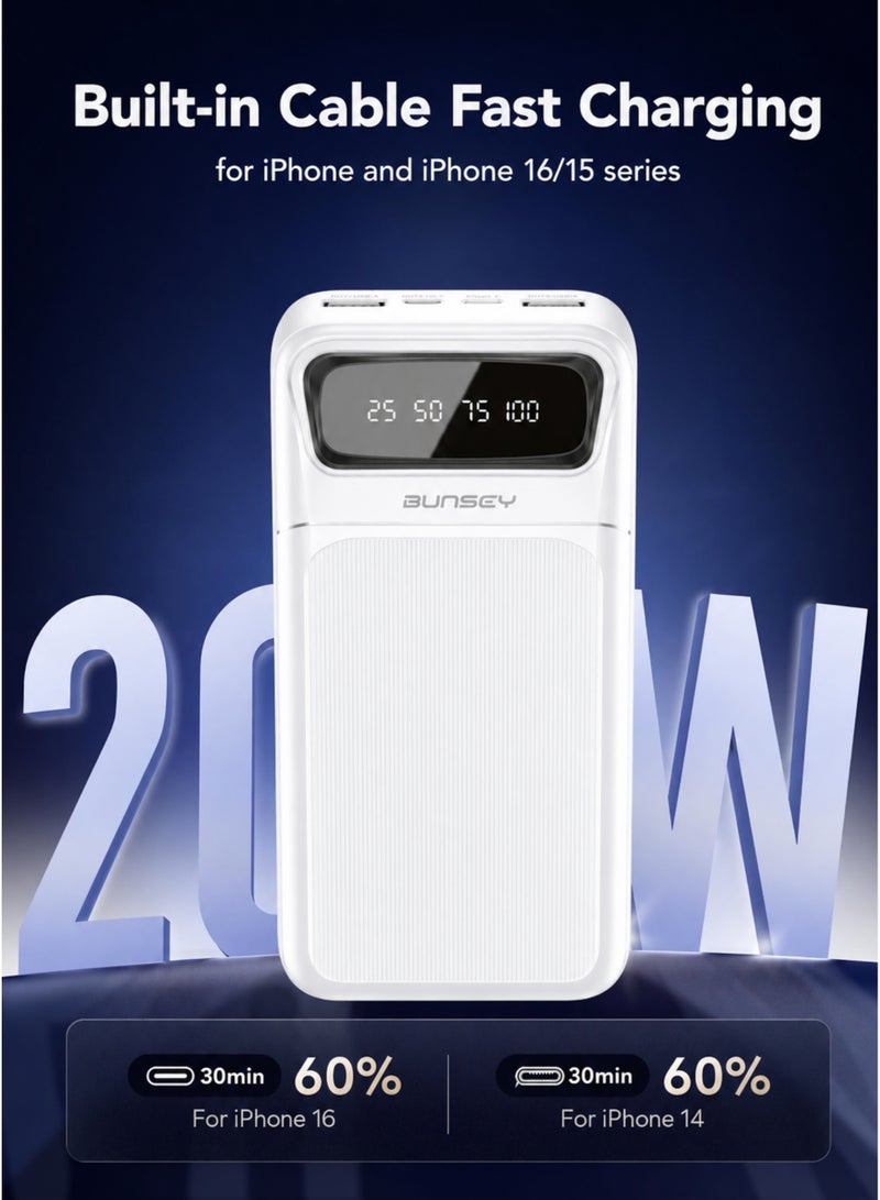 Bunsey Powerbank 20000mAh 22.5W Fast Charging with Built-in Type-C & Lightning Cables, LCD Battery Status Display, Power On Button, 2 USB Port + 2 PD Ports Total  (7 Outputs, 2 Input) – Compatible with iPhone 17/16/15/14/13/12, Samsung S26/S25/S24/S23/S22, Xiaomi, Oppo, Vivo, Huawei  – White - Image 2
