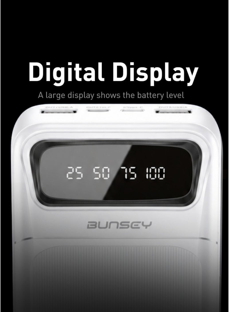 Bunsey Powerbank 20000mAh 22.5W Fast Charging with Built-in Type-C & Lightning Cables, LCD Battery Status Display, Power On Button, 2 USB Port + 2 PD Ports Total  (7 Outputs, 2 Input) – Compatible with iPhone 17/16/15/14/13/12, Samsung S26/S25/S24/S23/S22, Xiaomi, Oppo, Vivo, Huawei  – White - Image 3