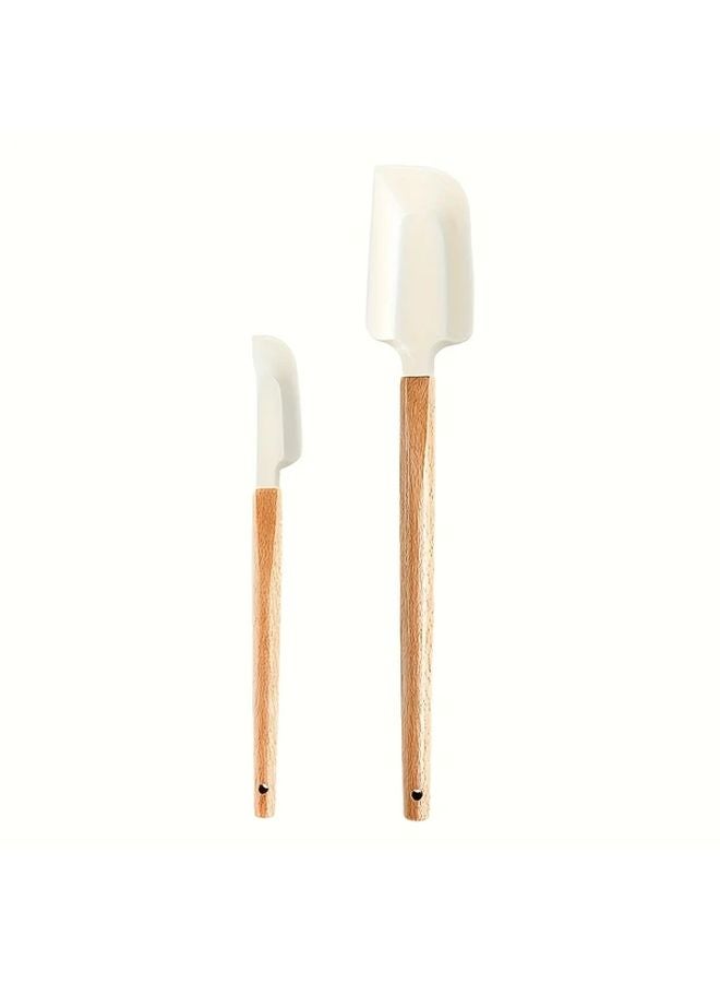 White Heat Resistant Spatula Set Wood Handle Non Stick Silicone Jar Scraper Baking Cooking Tools - Image 1
