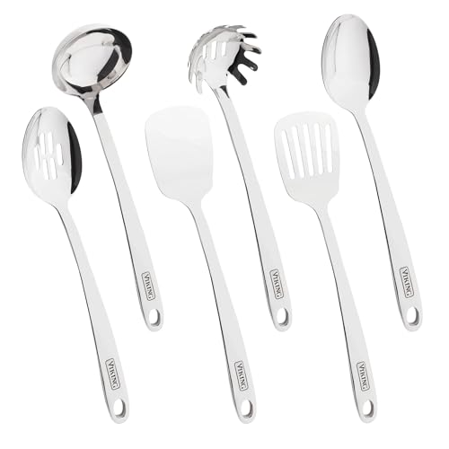 Viking Kitchen Utensils Set 6 Piece Stainless Steel Cooking Utensil Set Includes Spatulas Spoons Pasta Fork and Deep Ladle Hollow Forged Silver