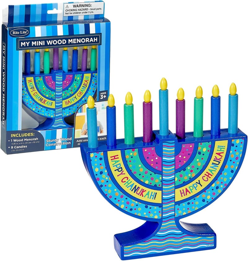 Rite Lite My Mini Wood Menorah with Removable Wood Candles - Colorful Chanukah Menorah for Kids Hanukkah Gifts Decorations Centerpiece, Jewish Holiday Party Favors Decor, Festival of Lights 5.75" H - Image 1