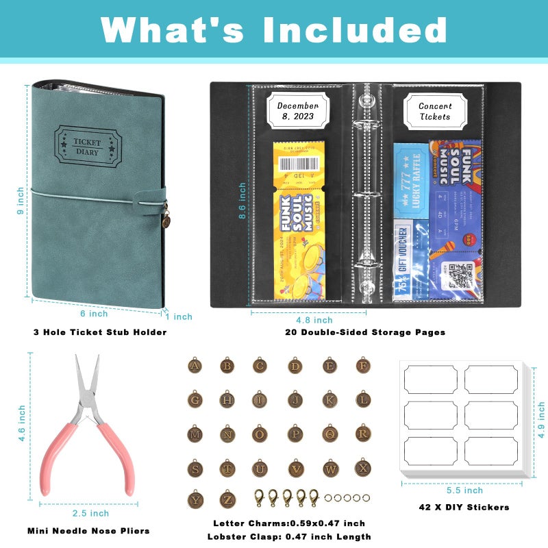 MSHUNKEJI Blue PU Leather Ticket Stub Diary 3 Hole Ticket Stub Holder Album 6 x 9 Inch Ticket Stub Organizer with 40 PVC Pockets 42 DIY Stickies 26 Letter Charms for Collect Movie Concert Tickets Receipts - Image 2