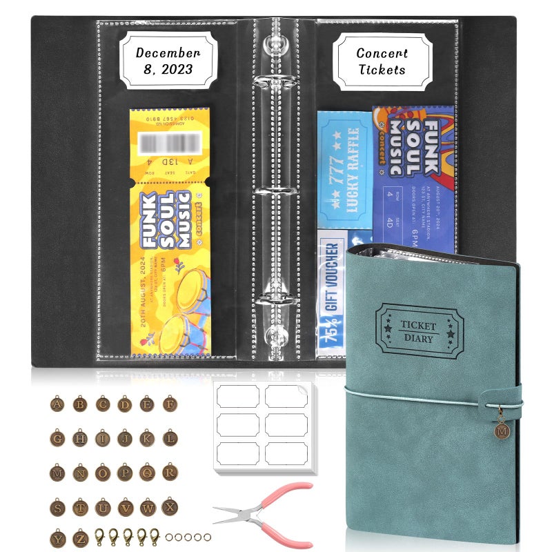 MSHUNKEJI Blue PU Leather Ticket Stub Diary 3 Hole Ticket Stub Holder Album 6 x 9 Inch Ticket Stub Organizer with 40 PVC Pockets 42 DIY Stickies 26 Letter Charms for Collect Movie Concert Tickets Receipts - Image 1