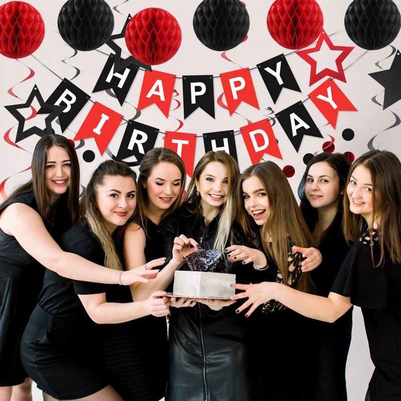 meowtastic Birthday Decorations, Happy Birthday Banner with Honeycomb Balls, Star Hanging Swirl Streamers, Circle Dots Garland, Happy Birthday Party Decorations for Women Men Boys Girls (Red & Black) - Image 3