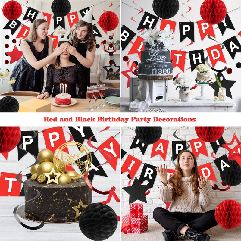 meowtastic Birthday Decorations, Happy Birthday Banner with Honeycomb Balls, Star Hanging Swirl Streamers, Circle Dots Garland, Happy Birthday Party Decorations for Women Men Boys Girls (Red & Black) - Image 4