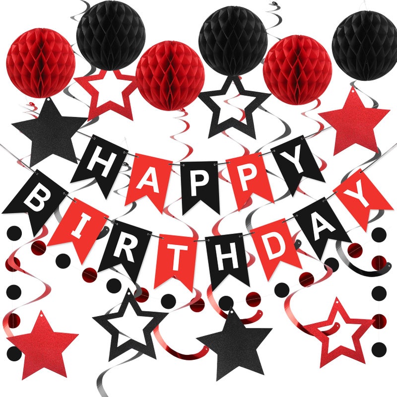 meowtastic Birthday Decorations, Happy Birthday Banner with Honeycomb Balls, Star Hanging Swirl Streamers, Circle Dots Garland, Happy Birthday Party Decorations for Women Men Boys Girls (Red & Black) - Image 1