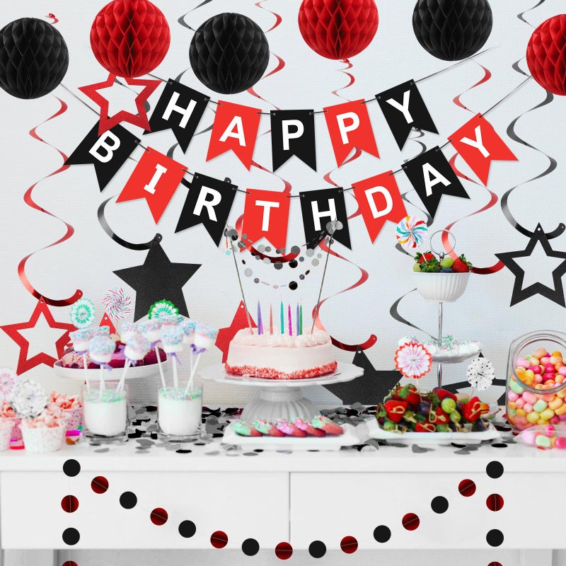 meowtastic Birthday Decorations, Happy Birthday Banner with Honeycomb Balls, Star Hanging Swirl Streamers, Circle Dots Garland, Happy Birthday Party Decorations for Women Men Boys Girls (Red & Black) - Image 2