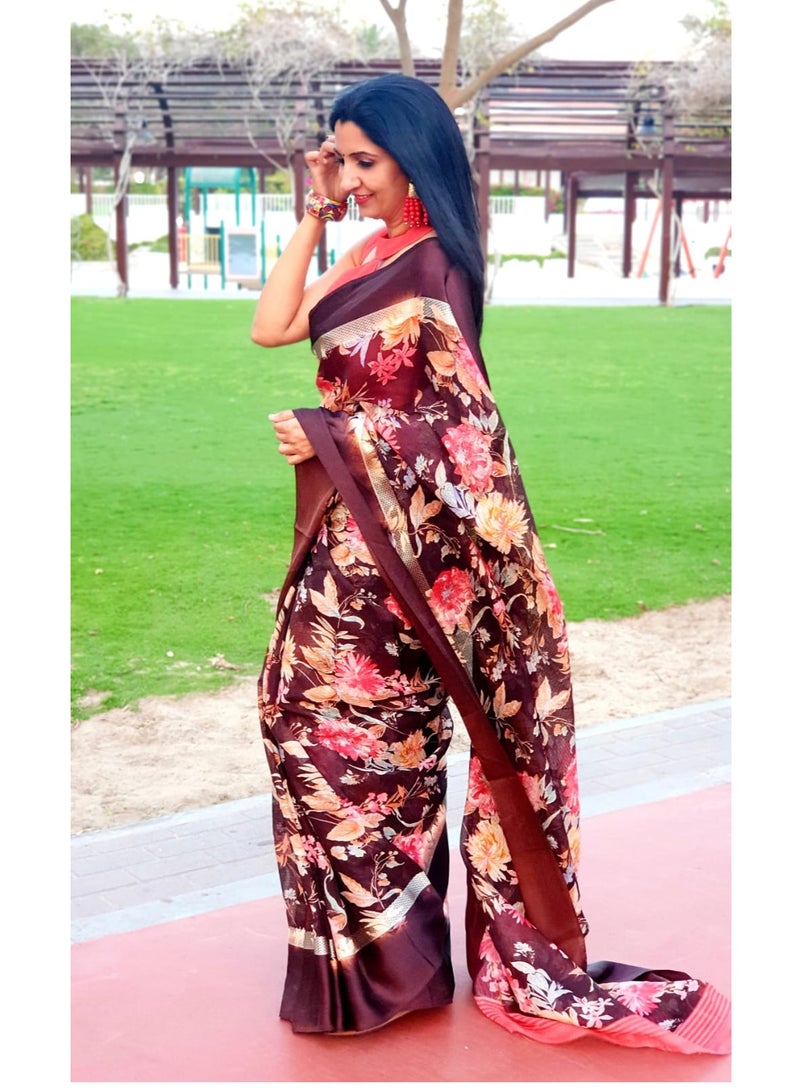 Grab Mantra Coffee Brown Linen Saree with Floral Print and Satin border Plus Unstitched Blouse  - Image 3