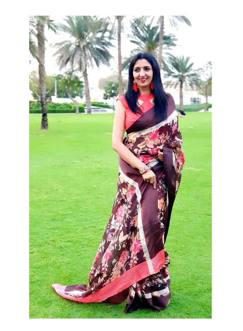 Grab Mantra Coffee Brown Linen Saree with Floral Print and Satin border Plus Unstitched Blouse  - Image 4