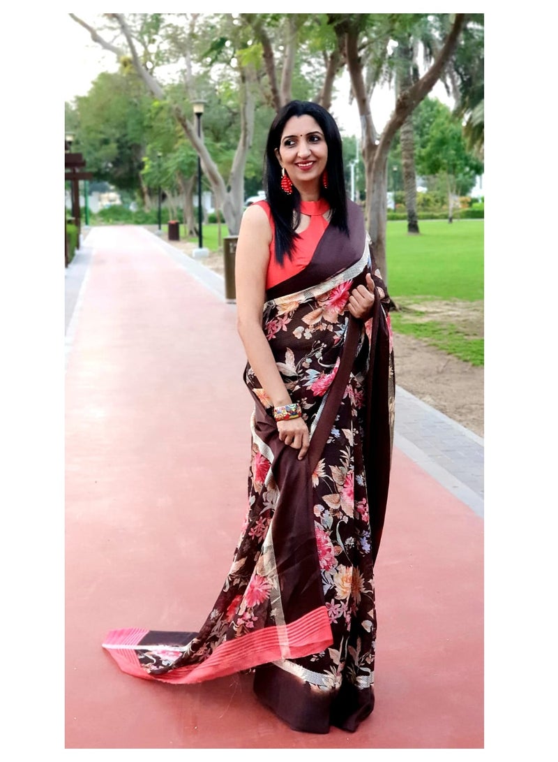 Grab Mantra Coffee Brown Linen Saree with Floral Print and Satin border Plus Unstitched Blouse  - Image 2