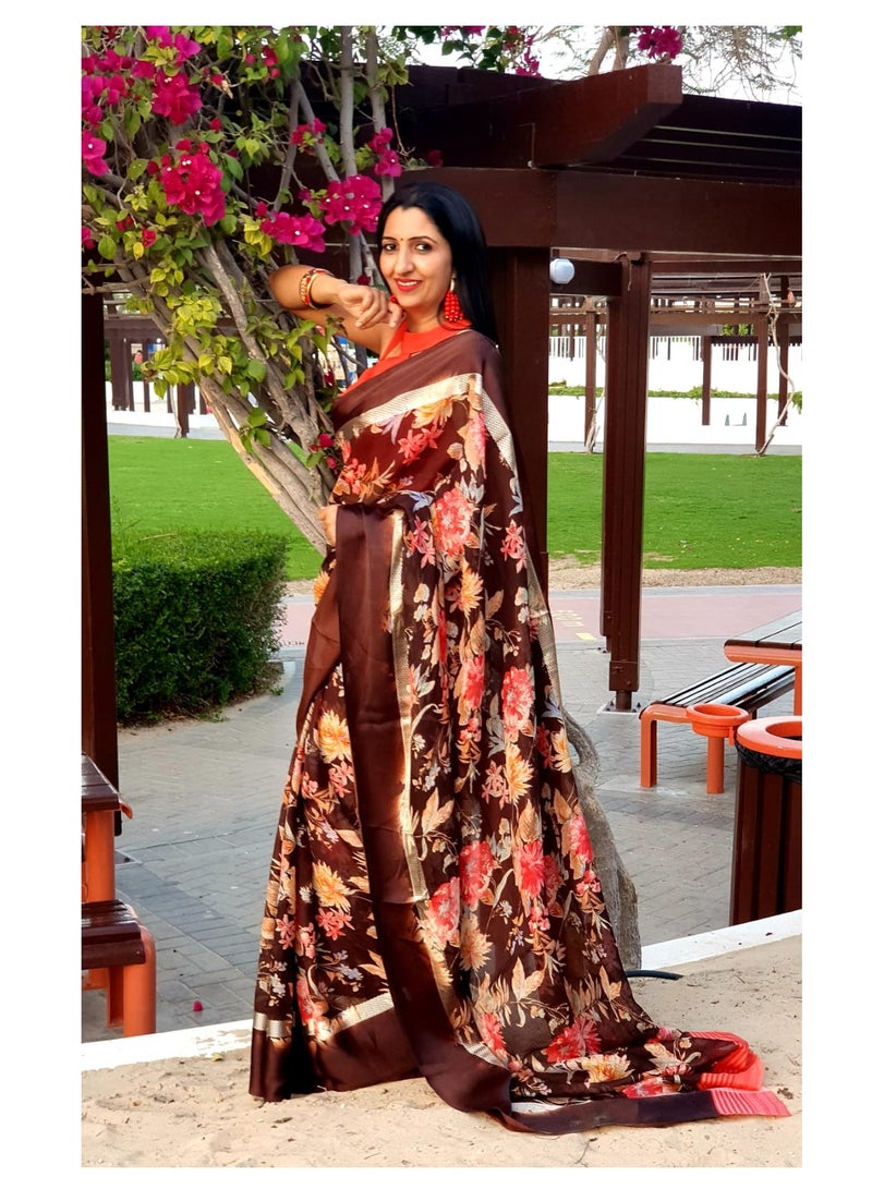 Grab Mantra Coffee Brown Linen Saree with Floral Print and Satin border Plus Unstitched Blouse  - Image 5