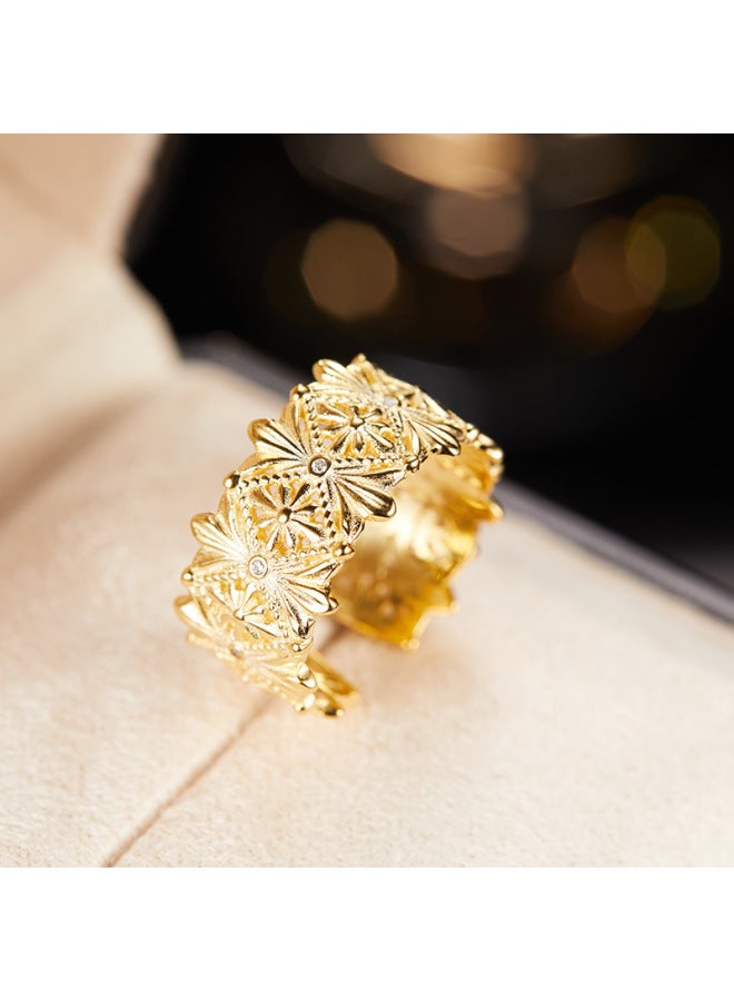European And American Exaggerated S925 Sterling Silver Flower Hollow Retro Ring Female Open Wide Index Finger Ring elry