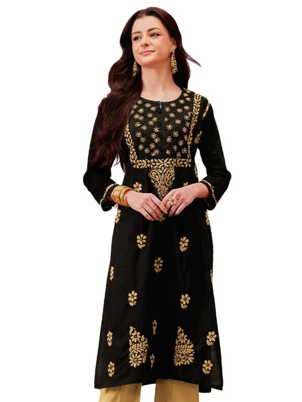 Ada Women Cotton Regular Hand Embroidered Lucknowi Chikankari Kurti Kurta A411773 Black & Fawn (L) - Image 1