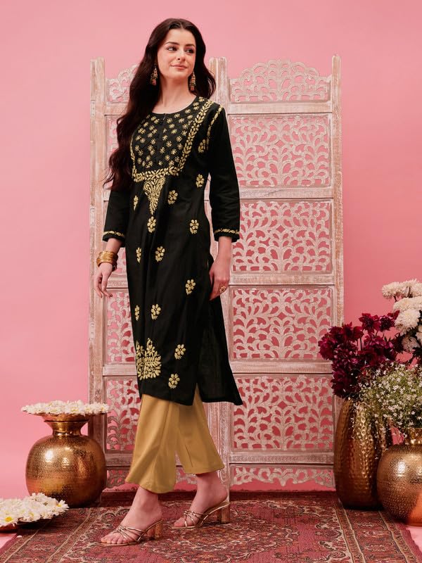 Ada Women Cotton Regular Hand Embroidered Lucknowi Chikankari Kurti Kurta A411773 Black & Fawn (L) - Image 4