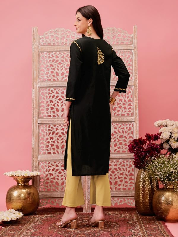 Ada Women Cotton Regular Hand Embroidered Lucknowi Chikankari Kurti Kurta A411773 Black & Fawn (L) - Image 2