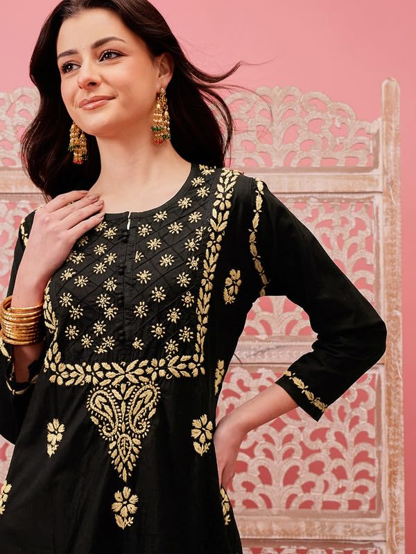 Ada Women Cotton Regular Hand Embroidered Lucknowi Chikankari Kurti Kurta A411773 Black & Fawn (L) - Image 5