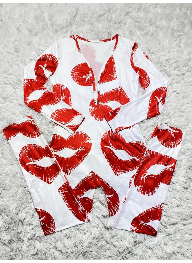 D9461 Hot European And American Women's Casual Lip Print Long Sleeve Trousers Home Jumpsuit