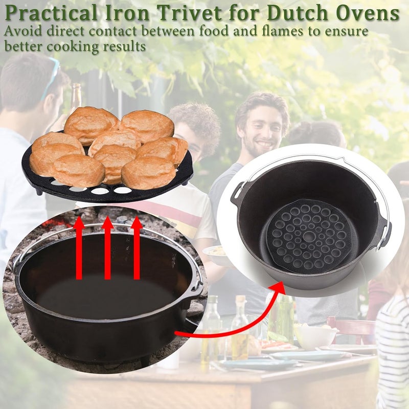 سامنيكون 2 Pack Cast Iron Dutch Oven Trivet Pre-Seasoned Meat Rack, Round 20.5cm Grate Holder Heavy Duty Pot Pan Trivet Holder Black Food Bread Rack Fits for 128oz Dutch Oven - Image 2