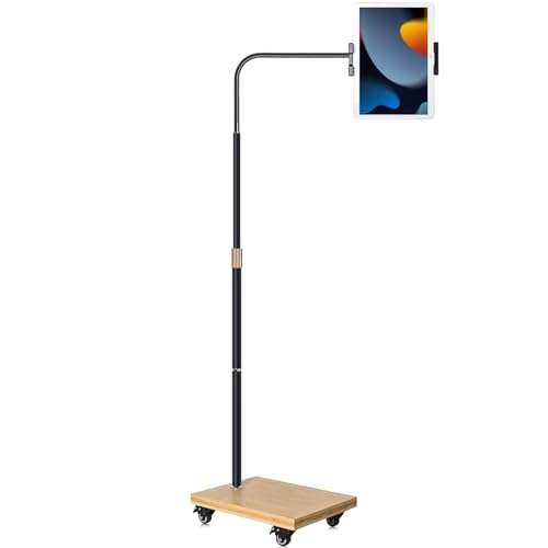 wishacc Tablet Floor Stand with Adjustable Gooseneck Mount, Swivels and Wheels for Bedside, Compatible with iPad, Galaxy Tab, Kindle and Phones - Image 1