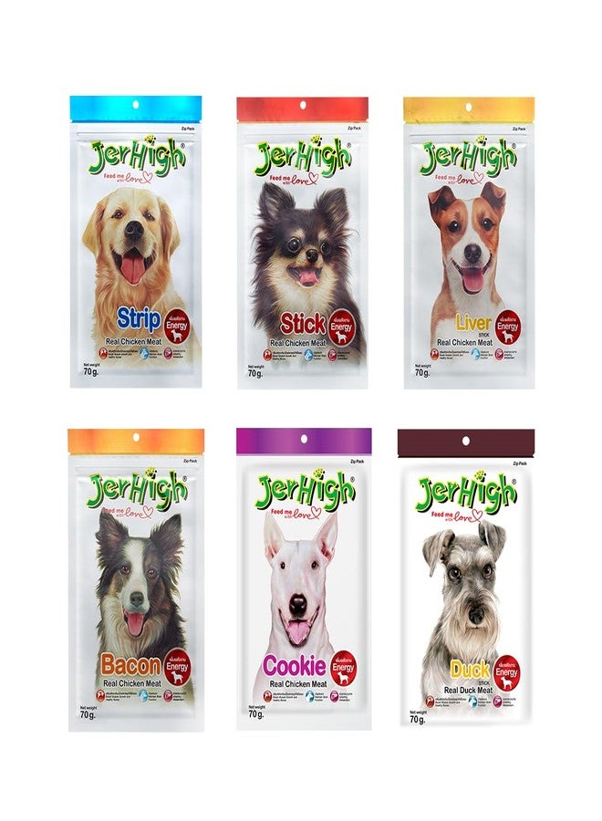مجموعة جيرهاي ريال ستيك من طعام الدجاج مع نكهات الكوكيز، واللحم المقدد، والبط، والشرائح، والأصابع، والكبد، مناسبة لجميع مراحل حياة الكلاب (70 غرام) - عبوة من 6 قطع من إنتاج DogsNCats