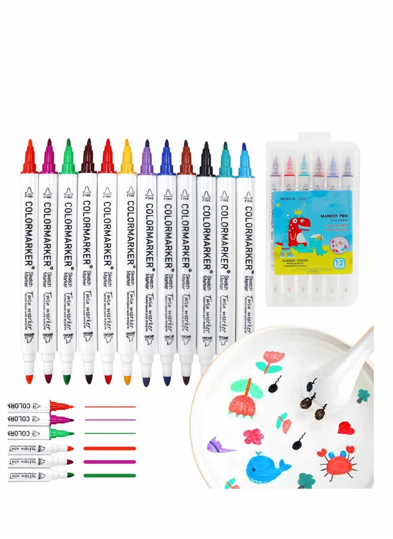KASTWAVE Magical Water Painting Pen, 12 Colors Double Ended, Water Painting Floating Marker Pen, Magical Water Floating Pen, Erasing Whiteboard Marker Pens, Magic Water Painting Pen for Kids  - Image 1