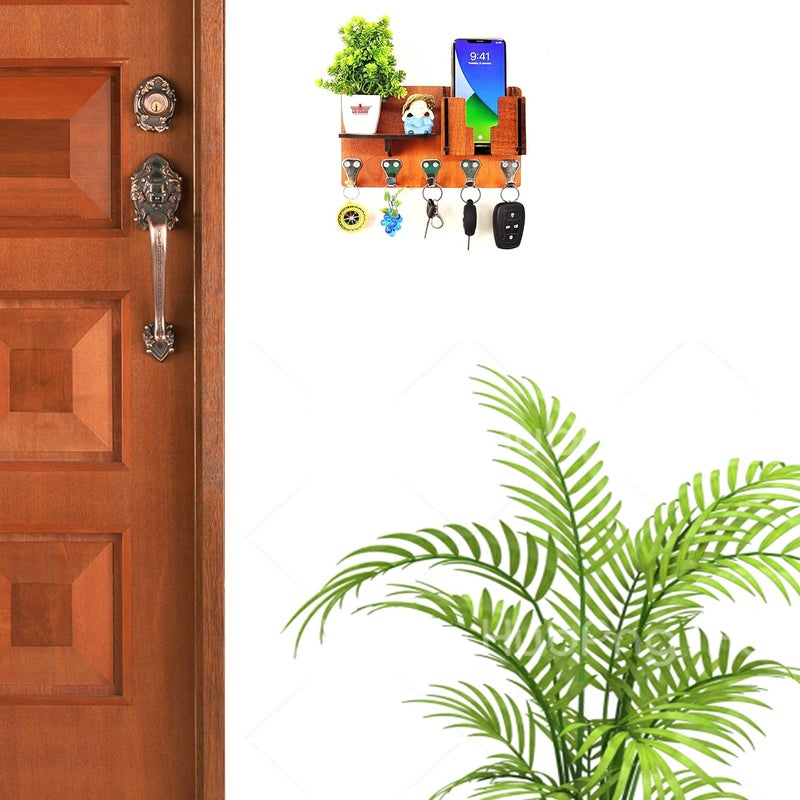 US DZIRE - THE BRAND OF LIFESTYLE US DZIRE THE BRAND OF LIFESTYLE 828n Unique Key Holder with Mobile Charging Wall Mounted Stand Cloth Hanger Showpiece Storage Self Wooden Handcrafted Home Office Decoration  - Image 2