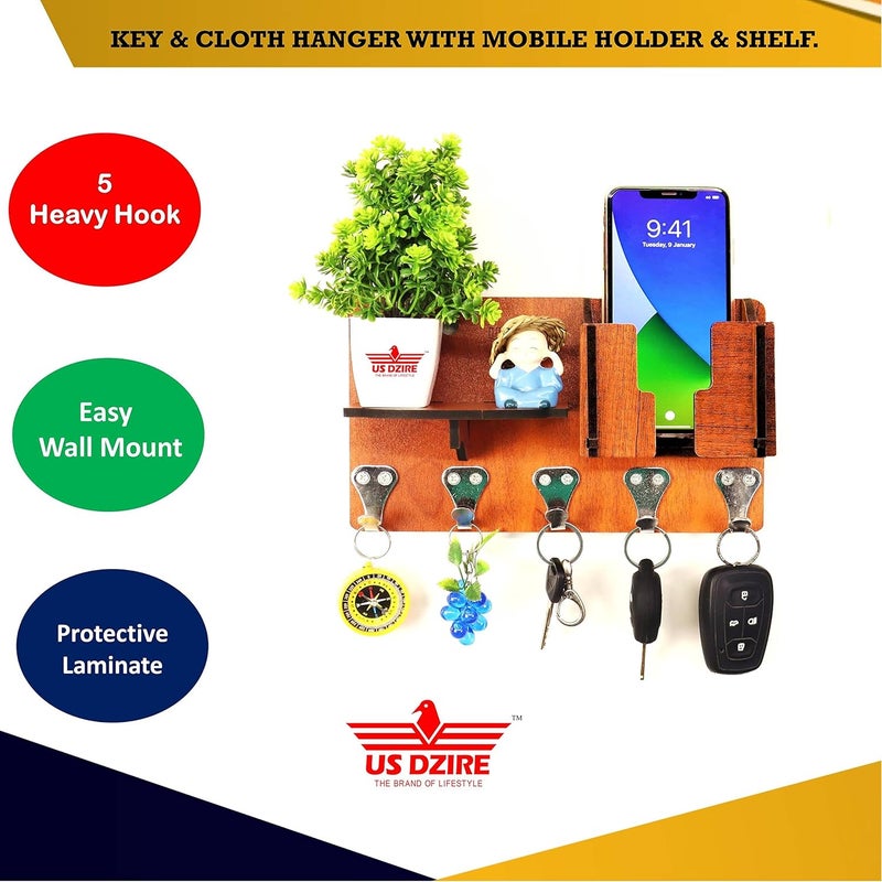 US DZIRE - THE BRAND OF LIFESTYLE US DZIRE THE BRAND OF LIFESTYLE 828n Unique Key Holder with Mobile Charging Wall Mounted Stand Cloth Hanger Showpiece Storage Self Wooden Handcrafted Home Office Decoration  - Image 4