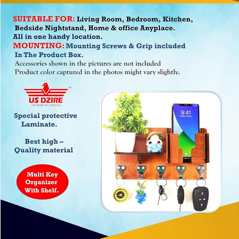 US DZIRE - THE BRAND OF LIFESTYLE US DZIRE THE BRAND OF LIFESTYLE 828n Unique Key Holder with Mobile Charging Wall Mounted Stand Cloth Hanger Showpiece Storage Self Wooden Handcrafted Home Office Decoration  - Image 5