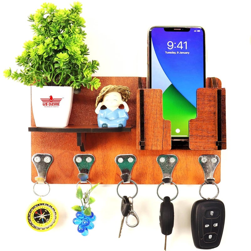 US DZIRE - THE BRAND OF LIFESTYLE US DZIRE THE BRAND OF LIFESTYLE 828n Unique Key Holder with Mobile Charging Wall Mounted Stand Cloth Hanger Showpiece Storage Self Wooden Handcrafted Home Office Decoration  - Image 1