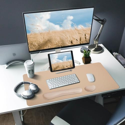 Bloss Leather Desk Pad and Keyboard Wrist Rest, Large Mouse Pad + Keyboard Pad+Mouse Wrist Support, Non-Slip Desk Mat Protector for Office, Home (35.4×15.7 Inches,Beige) - Image 2