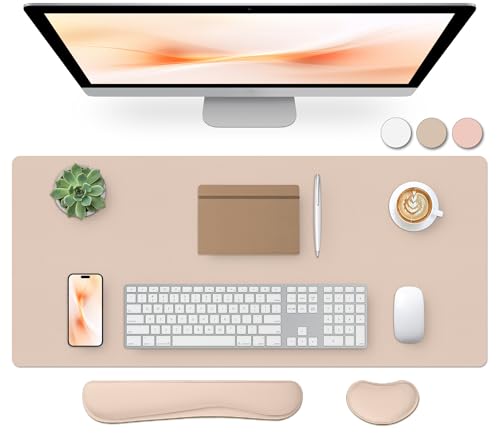 Bloss Leather Desk Pad and Keyboard Wrist Rest, Large Mouse Pad + Keyboard Pad+Mouse Wrist Support, Non-Slip Desk Mat Protector for Office, Home (35.4×15.7 Inches,Beige) - Image 1