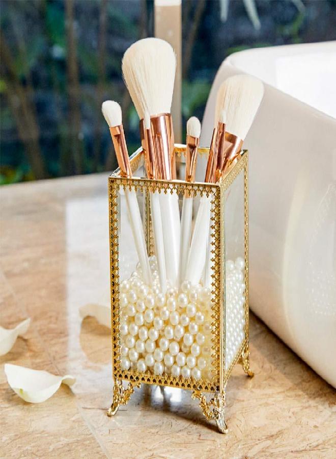 PuTwo Makeup Brush Holder Glass and Brass Vintage Makeup Brush Organizer Handmade Cosmetic Brush Storage with White Pearls for Dresser Vanity Countertop - Gold - Image 3