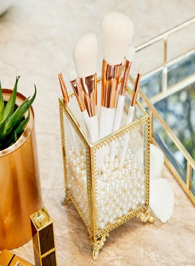 PuTwo Makeup Brush Holder Glass and Brass Vintage Makeup Brush Organizer Handmade Cosmetic Brush Storage with White Pearls for Dresser Vanity Countertop - Gold - Image 1