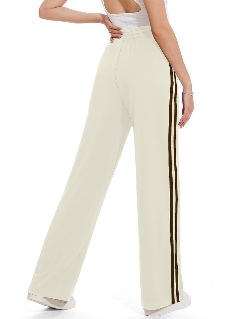 Tapata Long Women's 32" Inseam Casual Pants Track Athletic Sweatpants Warm Up Loose Side Stripe Street Slacks, Beige, M - Image 2