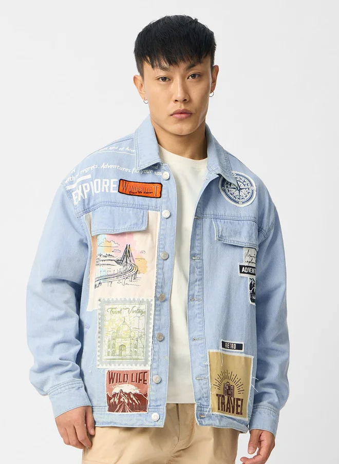 The Souled Store Men's Oversized Fit Printed Blue Denim Jacket