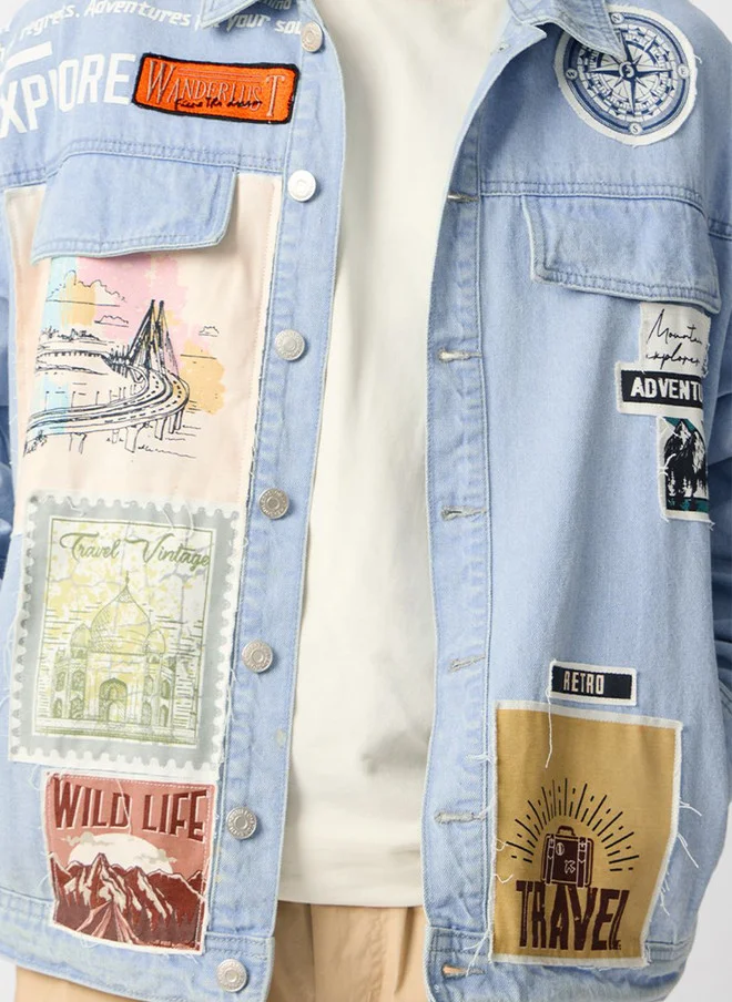 The Souled Store  The Souled Store Men's Oversized Fit Printed Blue Denim Jacket  | Best Price UAE
