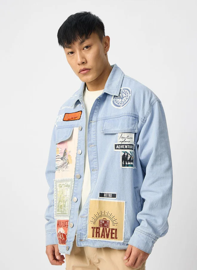 The Souled Store  The Souled Store Men's Oversized Fit Printed Blue Denim Jacket  | Best Price UAE