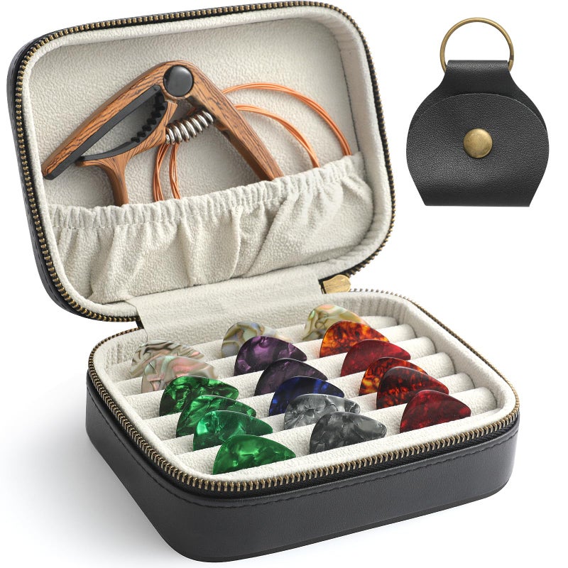 NGVRC Genuine Leather Guitar Pick Case Holder Box, Acoustic Electric Guitar Accessories Gift for Guitar Player (Black) - Image 1