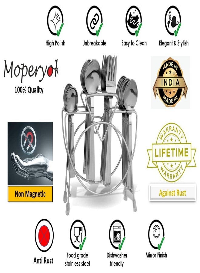 MOPERYOK طقم أدوات مائدة موبيريوك ديزاير، ٢٤ قطعة مع حامل. (٦ ملاعق طعام، ٦ شوك طعام، ٦ ملاعق حلوى، ٦ ملاعق شاي). مصنوع من الفولاذ المقاوم للصدأ، غير مغناطيسي، وآمن للاستخدام مع الطعام. - Image 2