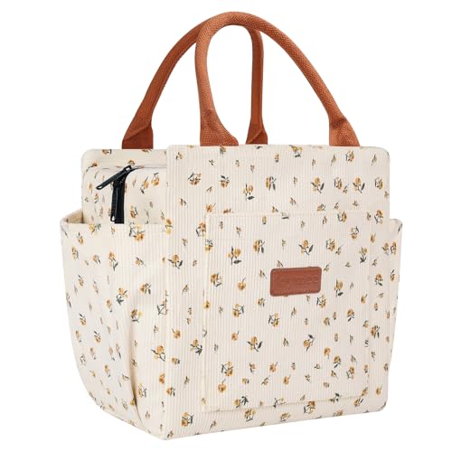 Joymee Lunch Bag Women Insulated Lunch Box Cute Corduroy Reusable Leakproof Large Capacity Lunch Tote Bag for Women Men Adult with Bottle Holder and Side Pockets for Work Corduroy YellowFloral - Image 1